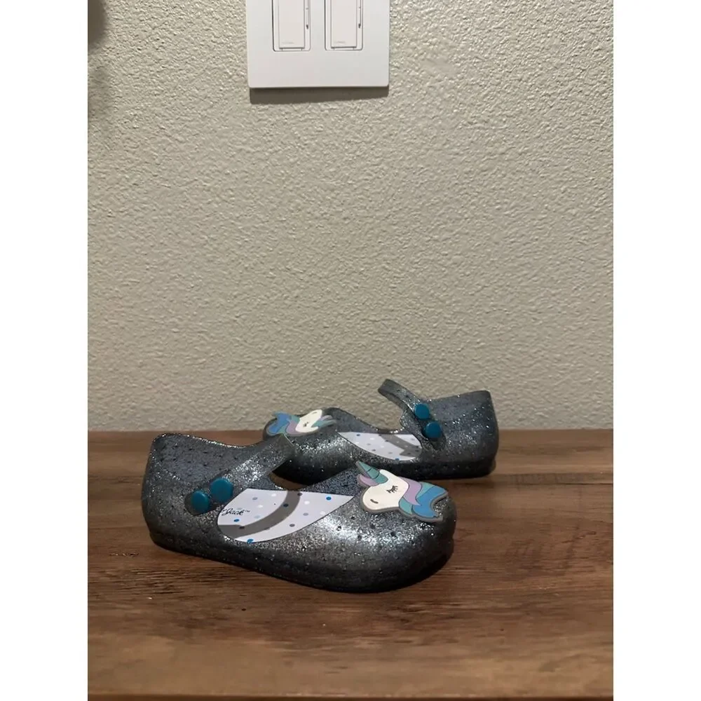Cat & Jack Blue Glitter Unicorn Jelly Girl Flats Size 10